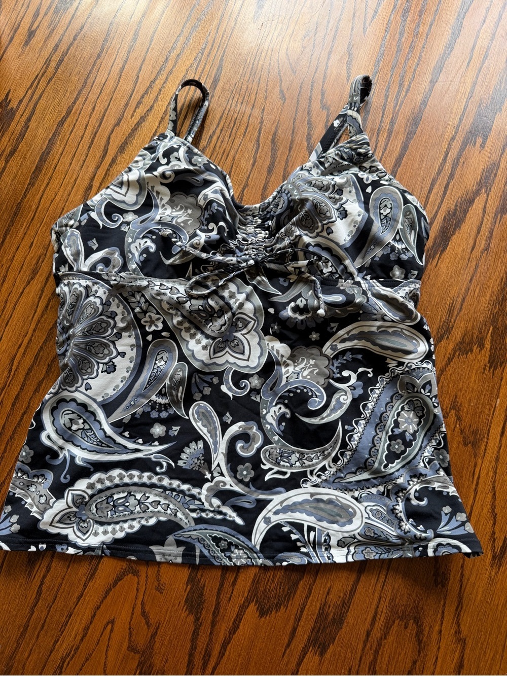 Lands’ End Black, Gray & White Paisley Underwire Tankini Swim Top - Women 10 DD